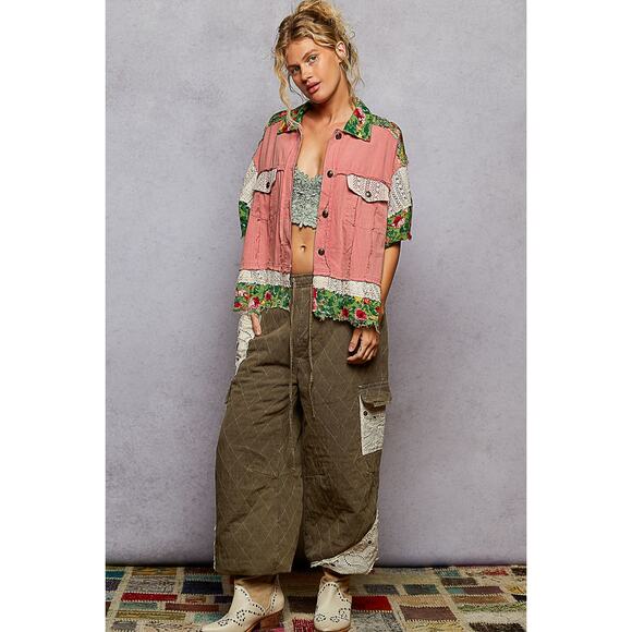 POL Lace Patch Detail Floral Pattern Half Sleeves Raw Hem Shacket | Guava Pink - Picture 6 of 6